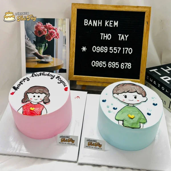 Bánh kem vẽ hình bé trái và bé gái