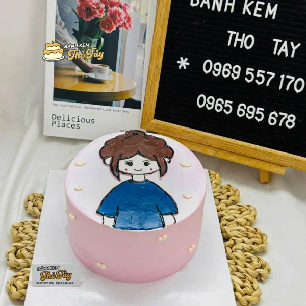 Bánh kem vẽ hình cô gái màu hồng