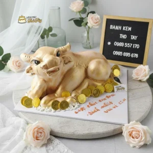 Bánh sinh nhật tạo hình con dê tuổi mùi viền mạ vàng sang chảnh độc đáo